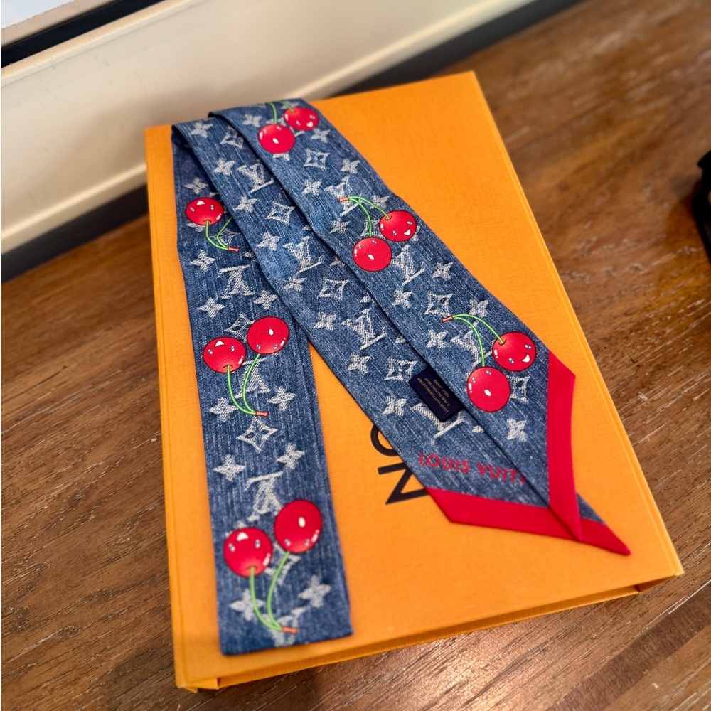 Louis Vuitton Denim Scarf with Cherry Print